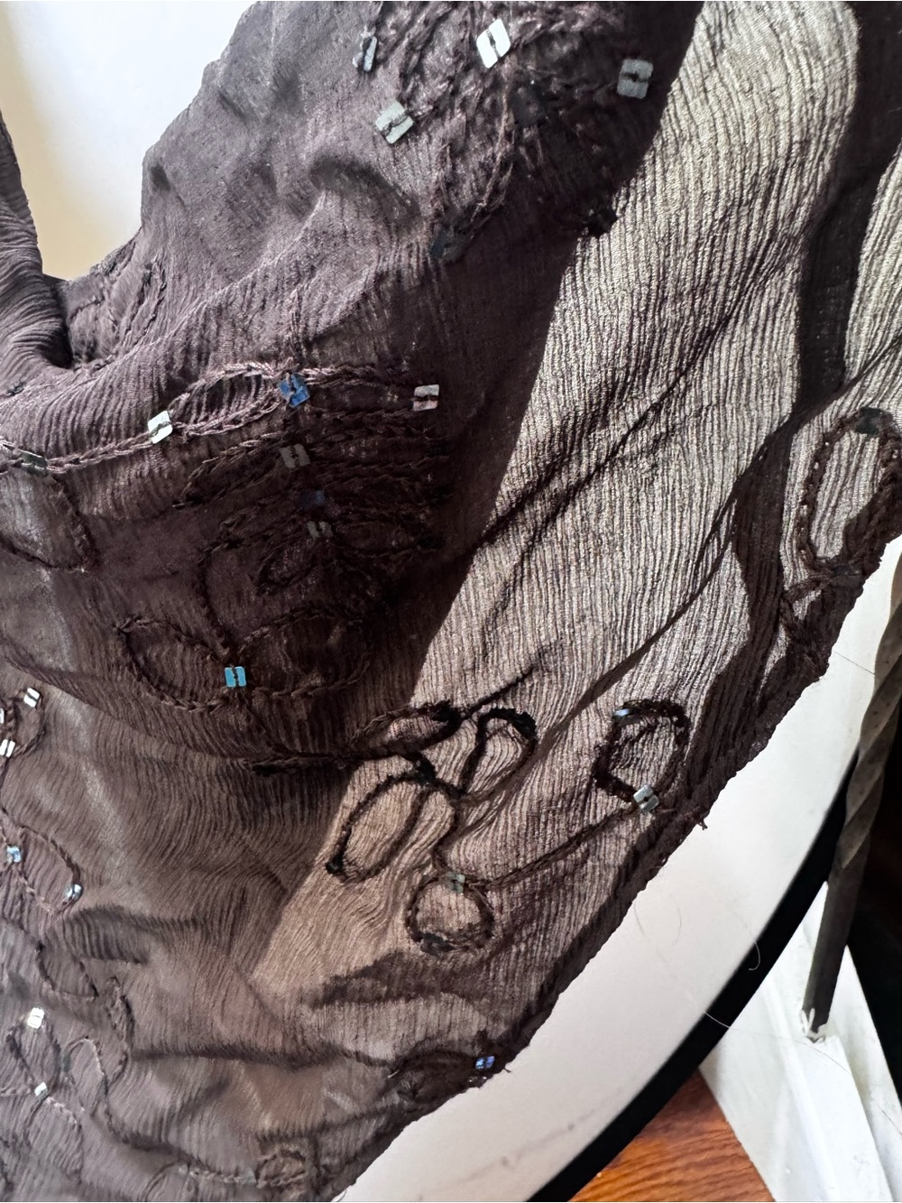 Anne Klein NEW Y2K 100% Silk Sheer Embroidered Sequin Midi Skirt Brown 4 Boho - Picture 6 of 16